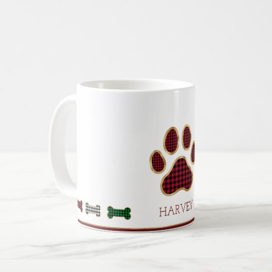 Kerst Hond Bone Paw Print Buffel Plaid Check Koffiemok (Voorkant links)