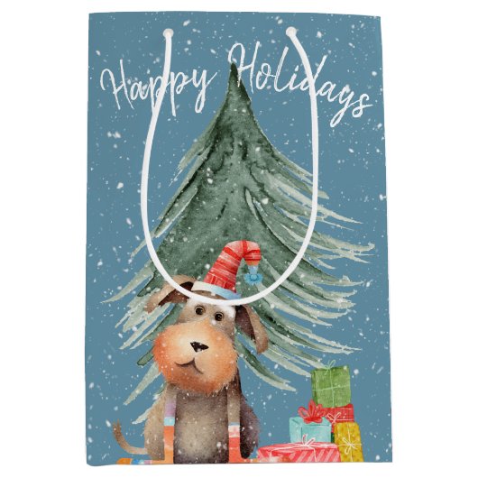 Kerst Hond en Pine In Sneeuwvlokken Medium Cadeauzakje (Voorkant)