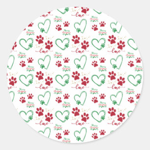 Kerst HOND PAW PRINTS en LIEFDE HARTEN Feestelijk Ronde Sticker