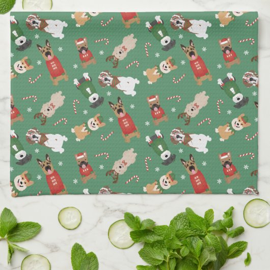 Kerst Honden Patroon Rood Groen Theedoek (Gevouwen)