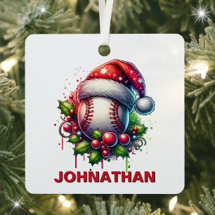 Kerst Honkbal Custom Naam met Santa Hat Metalen Ornament