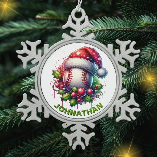 Kerst Honkbal Custom Naam met Santa Hat Tin Sneeuwvlok Ornament