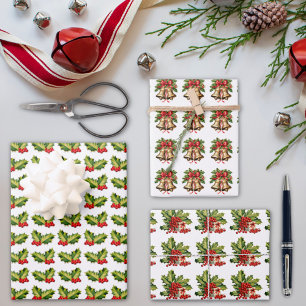 Kerst hulst bladeren & bessen Bellen & Cadeau Inpakpapier Vel