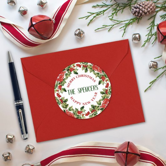 Kerst Hulst Bladeren & Bessen Prettig Kerstfeest Ronde Sticker