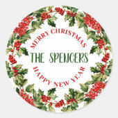 Kerst Hulst Bladeren & Bessen Prettig Kerstfeest Ronde Sticker (Voorkant)