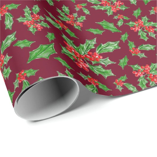Kerst hulst bladeren en bessen rood en groen cadeaupapier (Rol Hoek)