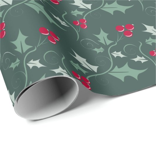 Kerst hulst en rode bessen grijs groen cadeaupapier (Rol Hoek)