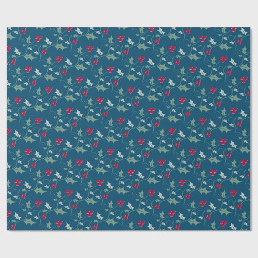 Kerst hulst en rode bessen grijs groen rood cadeaupapier (Vlak)