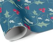 Kerst hulst en rode bessen grijs groen rood cadeaupapier (Rol Hoek)