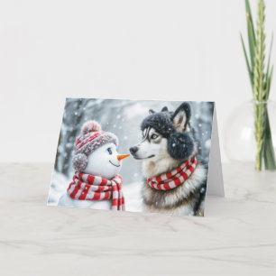 Kerst Husky Hond en Sneeuwman Vrienden Feestdagen Kaart