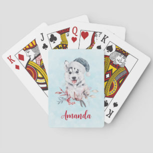 Kerst Husky-hond met een Kerstmannenhoed Pokerkaarten