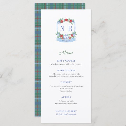 Kerst Huwelijk Monogram Individuele Plaats Namen Menu (Voorkant / Achterkant)