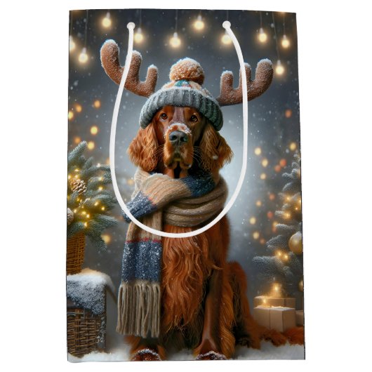 Kerst Ierse Setter met rendier gewei Medium Cadeauzakje (Voorkant)