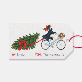 Kerst in de Hamptons: een preppy vrouw op een fiet Cadeaulabel