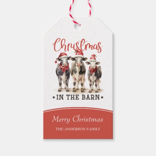 Kerst in de Schuur Rustieke Koeien in Santa Hats Cadeaulabel (Voorkant)