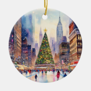 Kerst in de Waterverf van Time Square Keramisch Ornament