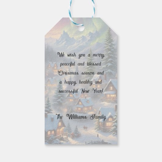 Kerst in een bergdorp, poollicht cadeaulabel (Achterkant)