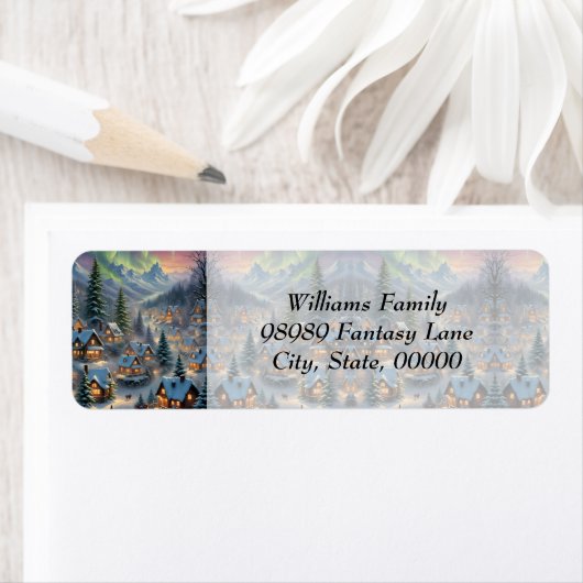 Kerst in een bergdorp, poollicht etiket (Insitu)