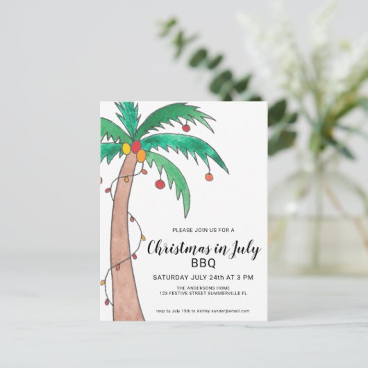 Kerst in juli BBQ Palm Uitnodigingskaart Uitnodiging Briefkaart (Staand voorkant)
