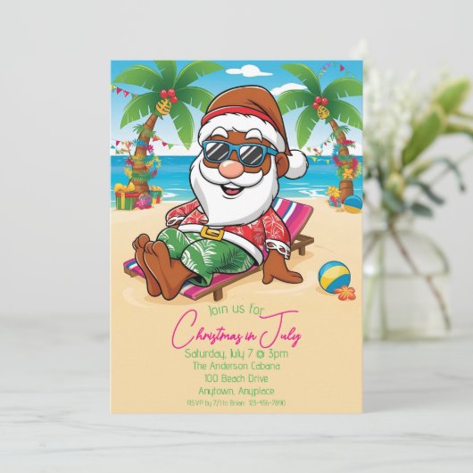 Kerst in juli Brown Santa Party Uitnodiging (Staand voorkant)