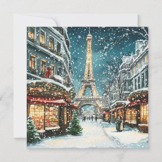 Kerst in Parijs: besneeuwde Eiffeltoren Feestdagenkaart (Voorkant)