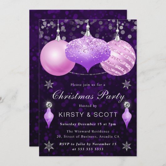 Kerst in roze en Paarse Baubles Kaart (Voorkant / Achterkant)