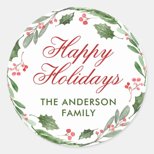 Kerst in waterverf met hulstbessen ronde sticker (Voorkant)