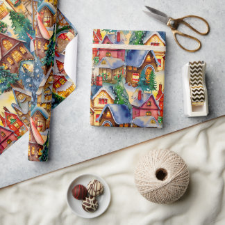 Kerst in Whimsical Village Waterverf Pattern Cadeaupapier