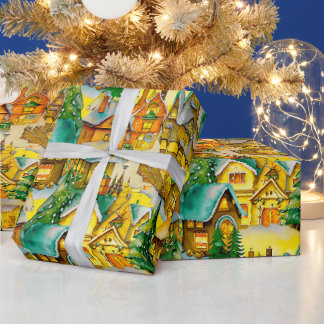 Kerst in Whimsical Village Waterverf Pattern Cadeaupapier
