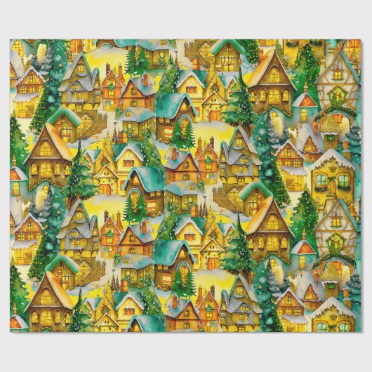 Kerst in Whimsical Village Waterverf Pattern Cadeaupapier (Vlak)