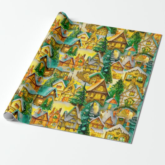 Kerst in Whimsical Village Waterverf Pattern Cadeaupapier (Uitgerold)