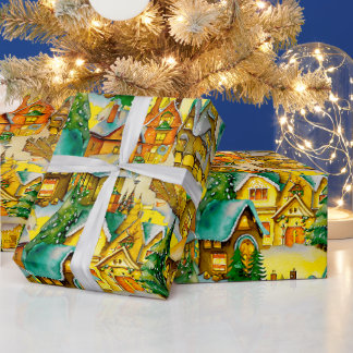 Kerst in Whimsical Village Waterverf Pattern Cadeaupapier