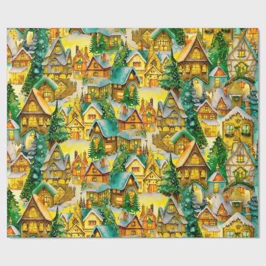 Kerst in Whimsical Village Waterverf Pattern Cadeaupapier (Vlak)
