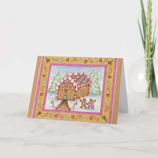 Kerst Kaart Gingerbread House Roze (Voorkant)
