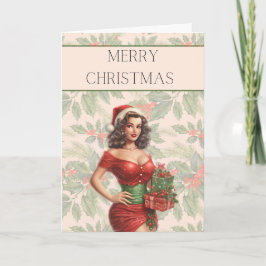 Kerst Kaart Pinup Brunette met Cadeaus