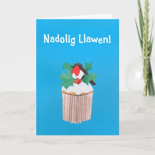 Kerst Kaart, Welsh, Cupcake met Robin Feestdagen Kaart (Voorkant)