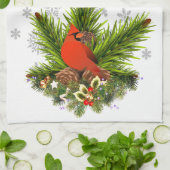 Kerst Kardinaal en Groene Decoratie Theedoek (Gevouwen)