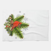 Kerst Kardinaal en Groene Decoratie Theedoek (Horizontaal)