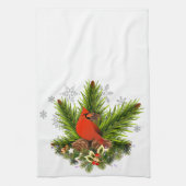 Kerst Kardinaal en Groene Decoratie Theedoek (Verticaal)
