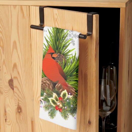Kerst Kardinaal en Groene Decoratie Theedoek (Derde Gevouwen)