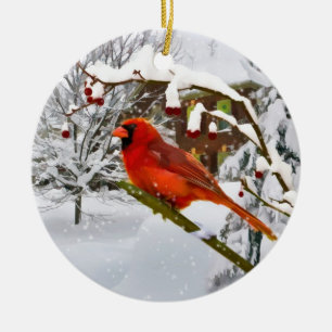 Kerst, kardinaal vogel, sneeuw, sierrijk keramisch ornament