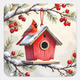 Kerst Kardinaal Vogelhuis besneeuwde dennen tak  Vierkante Sticker