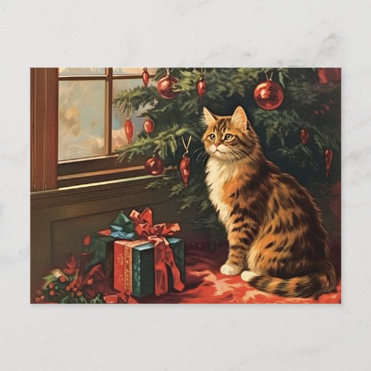 Kerst Kat bij het raam Feestdagenkaart (Voorkant)