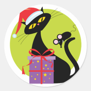 Kerst kat en muis ronde sticker