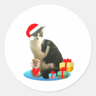 Kerst kat en schattig engeltje ronde sticker
