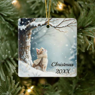 Kerst Kat kijken naar sneeuwvlokken Keramisch Ornament