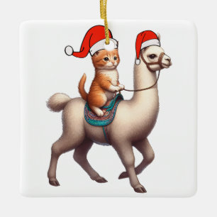 Kerst Kat Rijden Llama, Xmas Llama en Kitten Keramisch Ornament