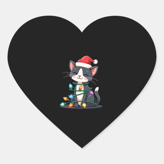 Kerst Kat Tuxedo zwarte kat xmas lichten kat c Hart Sticker (Voorkant)