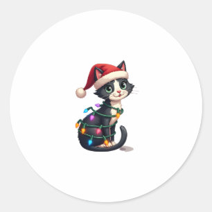 Kerst Kat Tuxedo zwarte kat xmas lichten kat c Ronde Sticker