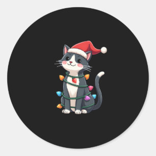 Kerst Kat Tuxedo zwarte kat xmas lichten kat c Ronde Sticker